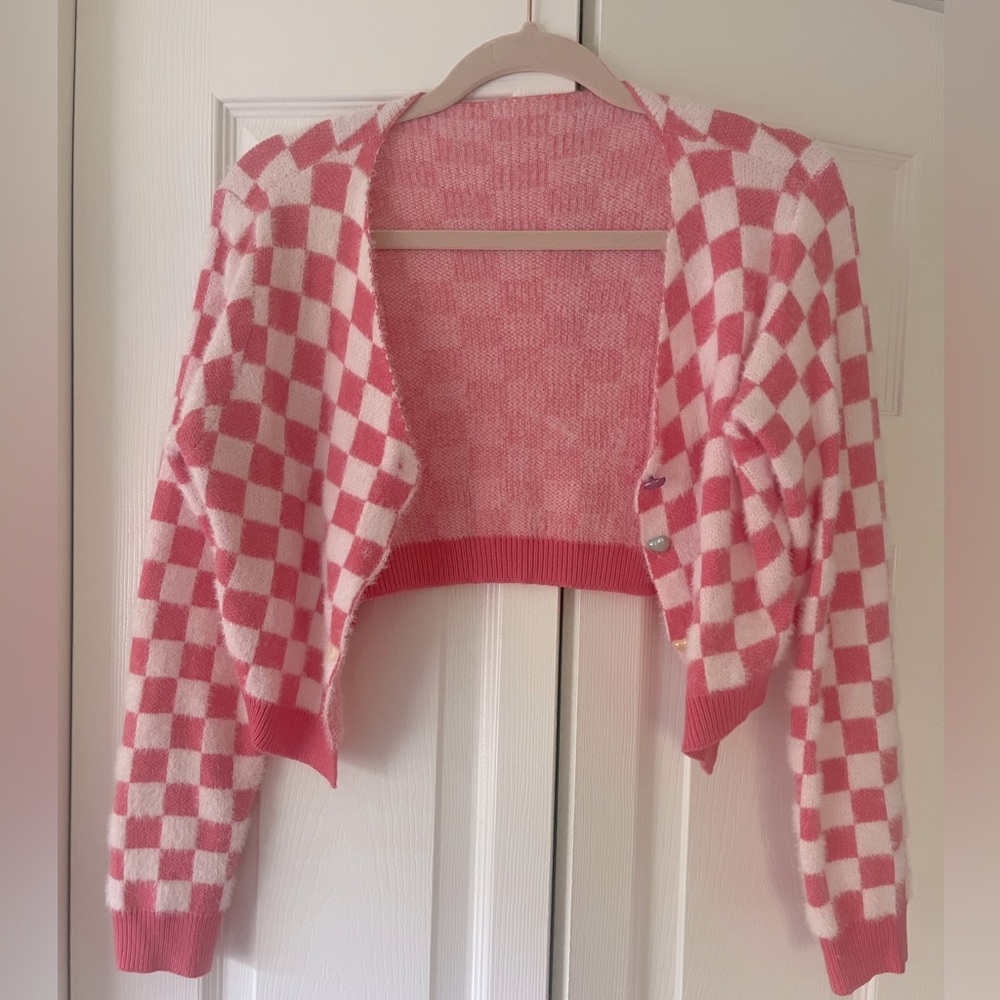 Fuzzy pink checkered cardigan with heart buttons size Medium
